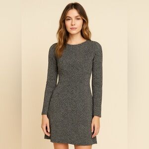 Michael Michael Kors Black Herringbone Print Long Sleeve Knit Dress Medium
